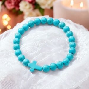 Lovely Faith Vintage-Inspired Turquoise Beaded Bracelet with Cross‎ Pendant